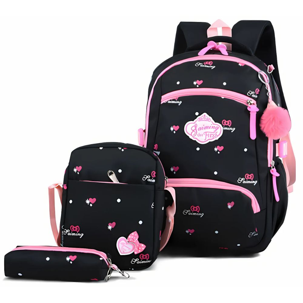 sac à dos noir et rose avec deux petits sacs assortis