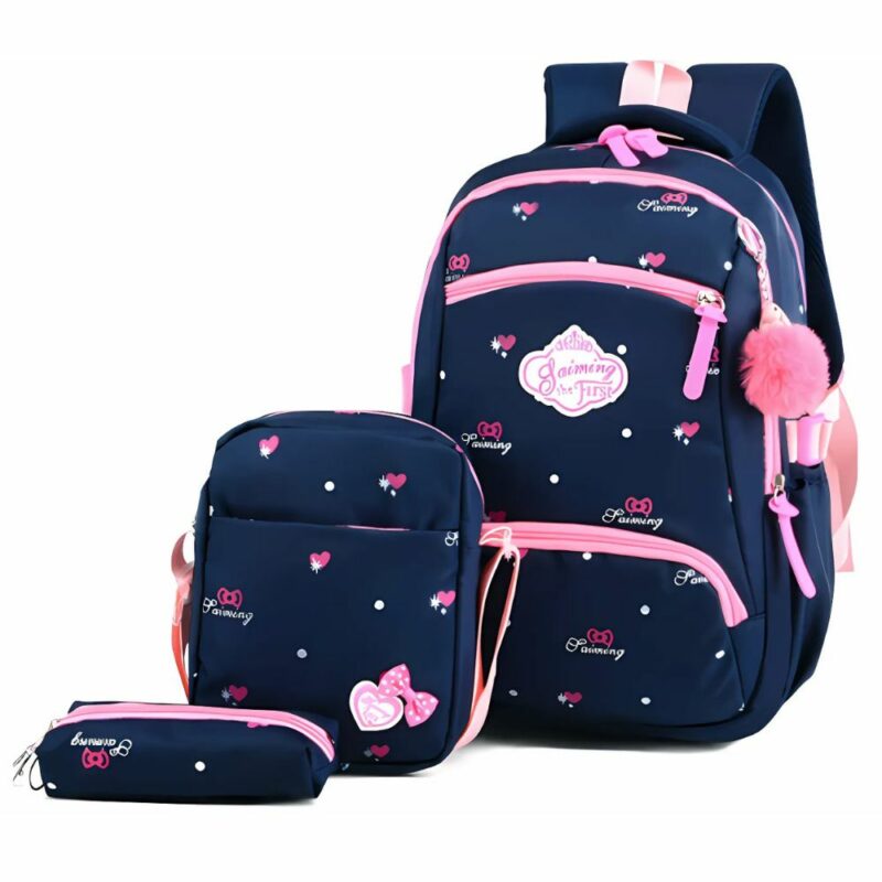 sac à dos en tissu noir et rose avec accessoires